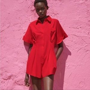 Red Zara Poplin Button Down Romper Medium